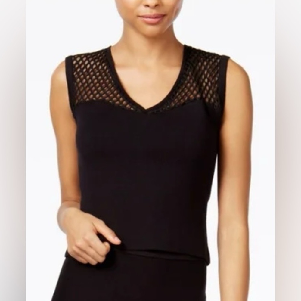 Rachel Roy Black Mesh Sleeveless Knit Top Small Chic Career Night Out Small